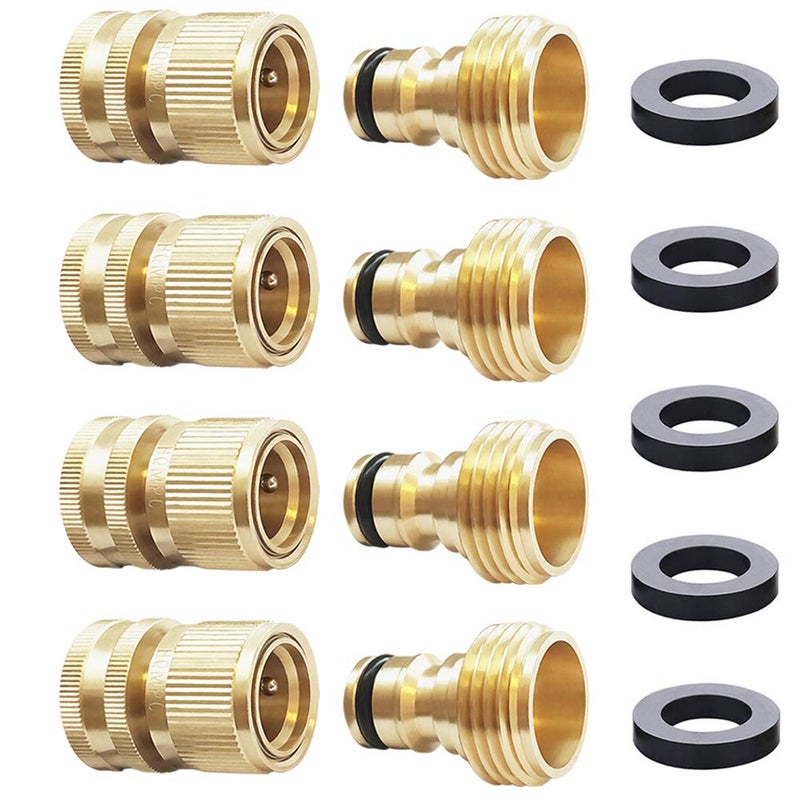 HQMPC Garden Hose Quick Connect Solid Brass Quick Connector Garden Hose Fitting Water Hose Connectors 3/4 inch GHT (4Sets) - Image 1